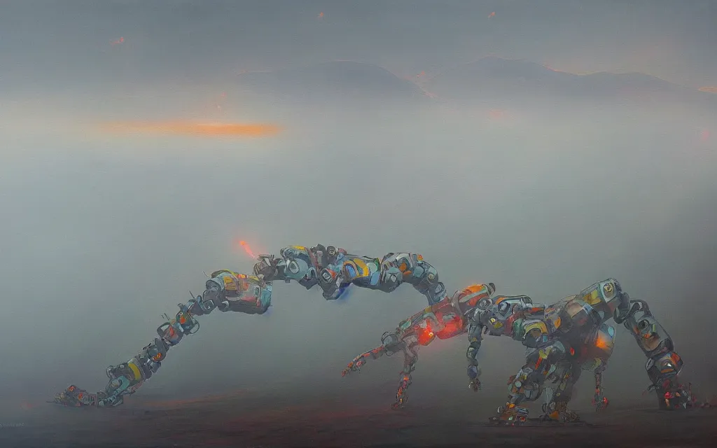 Image similar to giant robot centipede wandering across a foggy landscape, award winning oil painting, iridescent