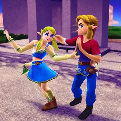 Image similar to real photo, zelda dancing salsa with link, hyper realistic