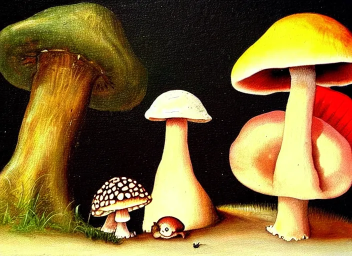 Prompt: a painting of a cute creature sitting next to a mushroom, detailed, realistic, in style of hieronymus bosch