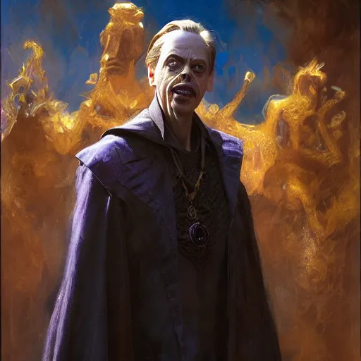 Image similar to steve buscemi as an evil warlock,, highly detailed painting by gaston bussiere, craig mullins, j. c. leyendecker, 8 k