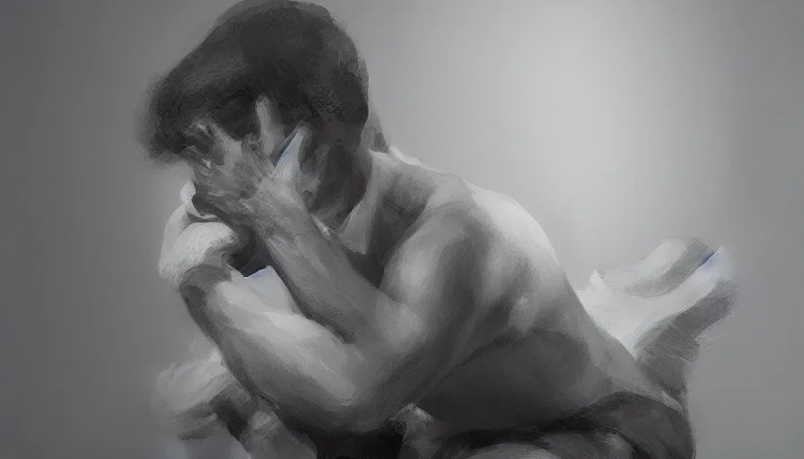 Image similar to the thinker, extremely detailed, jama jurabaev, greig fraser, roger deakins, shaddy safadi, trending on artstation, high quality, brush stroke