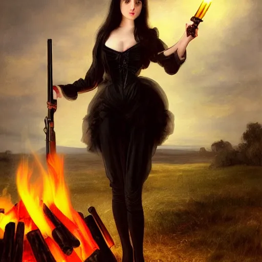 Image similar to a beautiful young woman, pale skin, black long hair, aristocrat, black expensive dress from 1 8 6 0, holding a rifle, illuminated by campfire, oil painting, digital art, studio photo, realistic, artstation, high quality, wild west