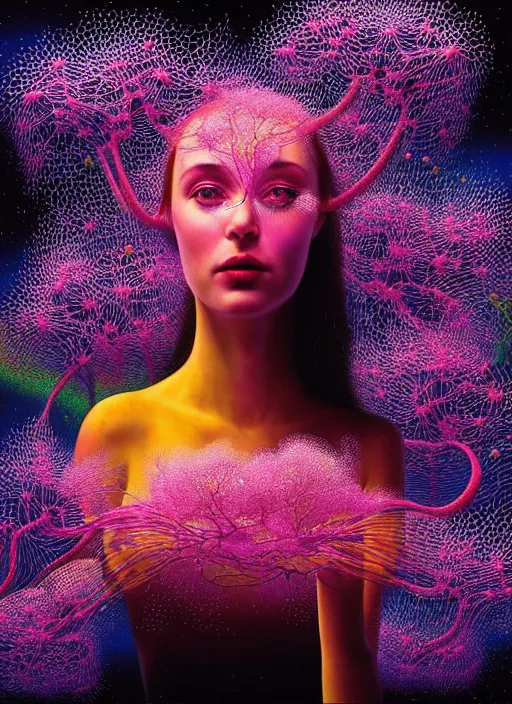 Image similar to hyper detailed 3d render like a Oil painting - Aurora (Singer) seen Eating of the Strangling network of yellowcake aerochrome and milky Fruit and Her delicate Hands hold of gossamer polyp blossoms bring iridescent fungal flowers whose spores black the foolish stars by Jacek Yerka, Mariusz Lewandowski, Houdini algorithmic generative render, Abstract brush strokes, Masterpiece, Edward Hopper and James Gilleard, Zdzislaw Beksinski, Mark Ryden, Wolfgang Lettl, hints of Yayoi Kasuma, octane render, 8k