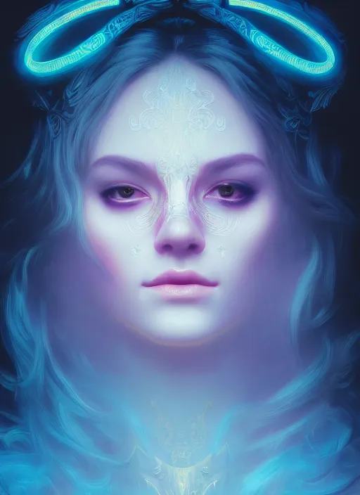 Prompt: centered portrait of a beautiful woman wearing a venetian mask, intricate concept art, ethereal, highly detailed, artstation, smooth, sharp focus, mist, dramatic lighting, darksynth, illuminated blue neon lines, outrun, vaporware, 8 k, by ruan jia and ilya kuvshinov and liam wong and alphonse mucha
