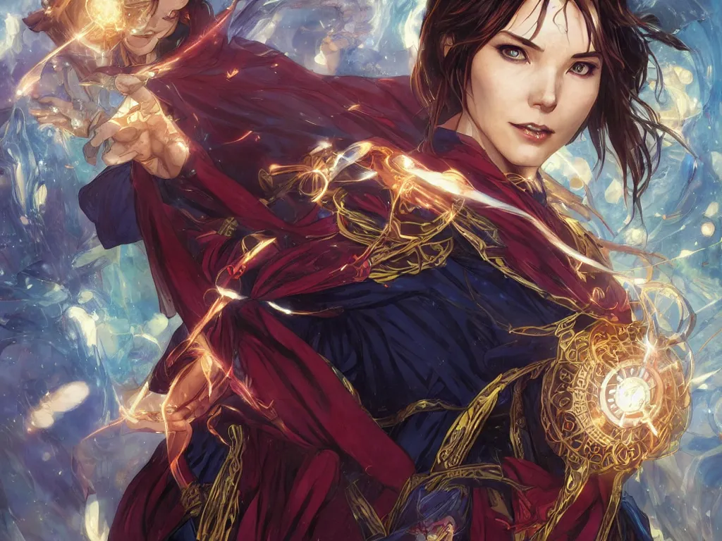 Image similar to anime key visual of a beautiful female doctor strange, marvel comics, spells, magic, intricate, magical village, stunning, highly detailed, digital painting, artstation, smooth, hard focus, illustration, art by artgerm and greg rutkowski and alphonse mucha