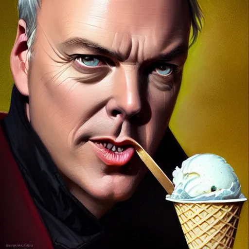 Prompt: Michael Keaton eating an ice cream cone, closeup, D&D, fantasy, intricate, elegant, highly detailed, digital painting, artstation, concept art, matte, sharp focus, illustration, art by Artgerm and Greg Rutkowski and Alphonse Mucha