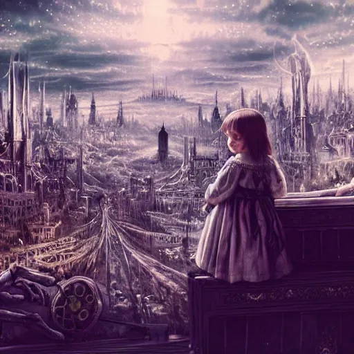 Image similar to a photo of young sad victorian gothic child with big eyes and wide grin sitting on a sofa of bones surrounded by a cyber futuristic cityscape made of human body parts by dan mumford, ultra detailed, 8 k resolution, beautiful lighting, expansive detailed layered city, landscape, 5 0 mm, perfect faces