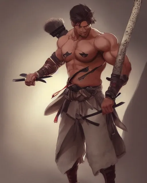 Prompt: A muscular man with fox ears and a katana wearing a kimono, visualartzi, Japanese, concept art by Karla Ortiz, James Paick, Charlie Bowater, Krenz Cushart, highly detailed, ultra detailed, ultra realistic, trending on artstation, cgstudio