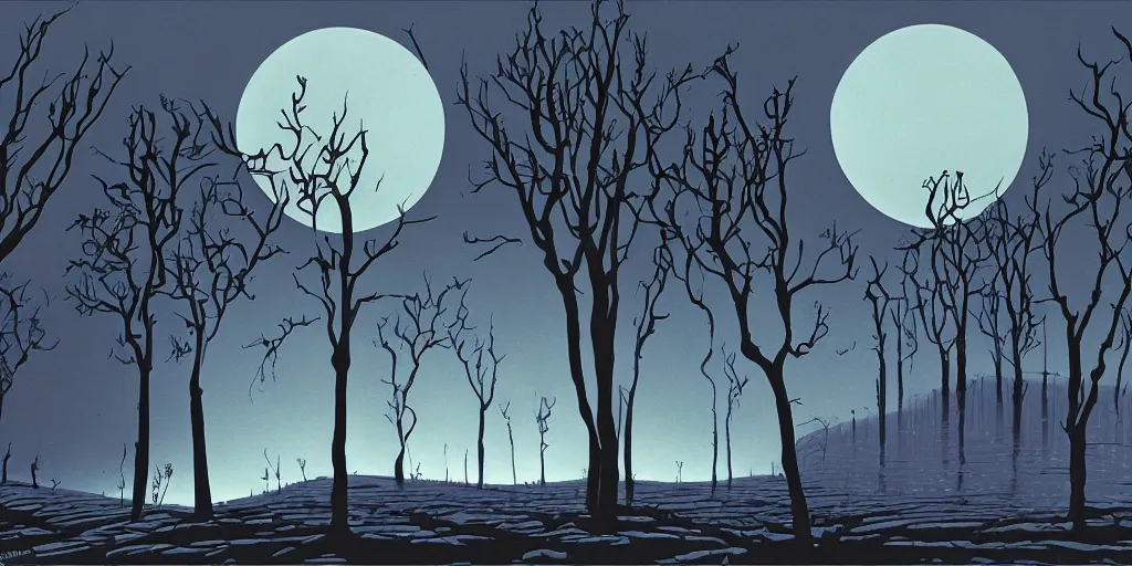 Image similar to a night landscape background, rob gonsavles, eyvind earle, nightmare before christmas