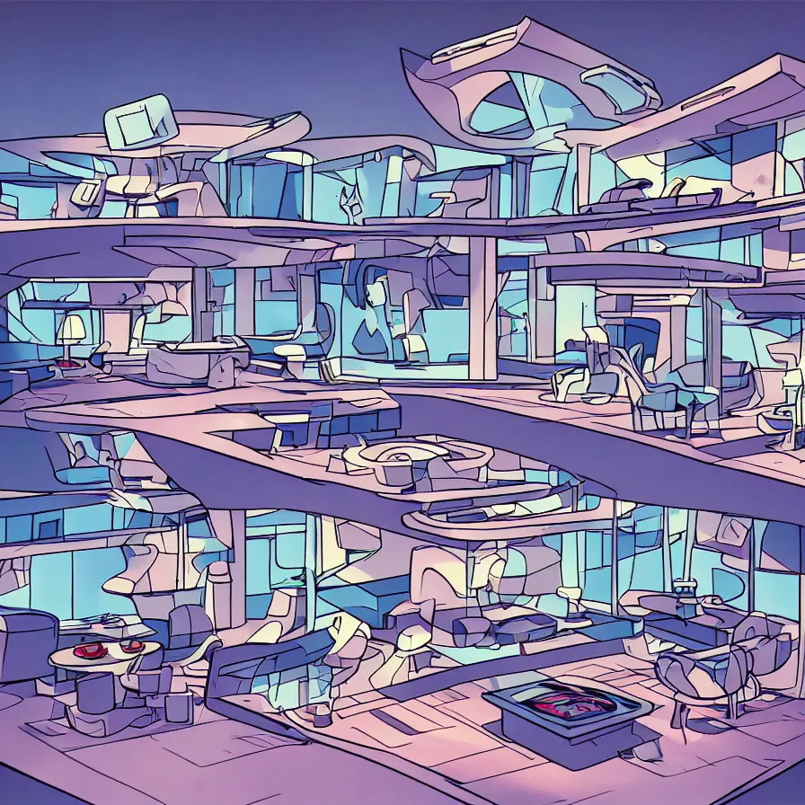 Image similar to concept art of jetsons cartoon scenario of a brutal house architecture indoor