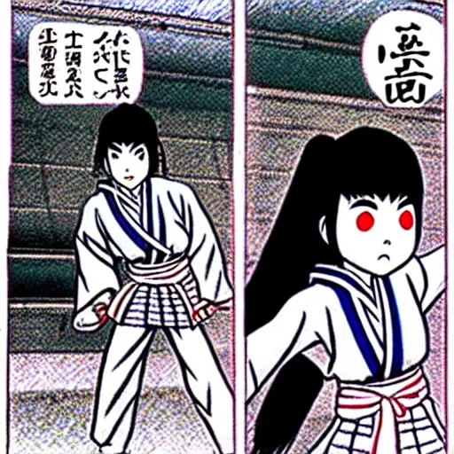 Image similar to Japanese schoolgirl runs away from Samurai with a katana on the subway by Kazuo Umezu, ultra high detailed