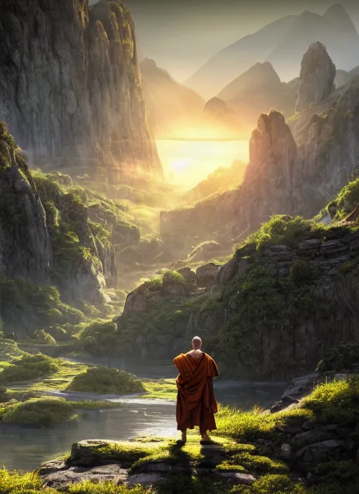 Image similar to a cosmic monk in lord of the rings scenery landscape, looking out at a big tiberian temple complex on a mountain, vast lush valley at sunrise, river, god's rays, highly detailed, vivid color, cinematic lighting, perfect composition, 8 k, gustave dore, derek zabrocki, greg rutkowski, belsinski, octane render