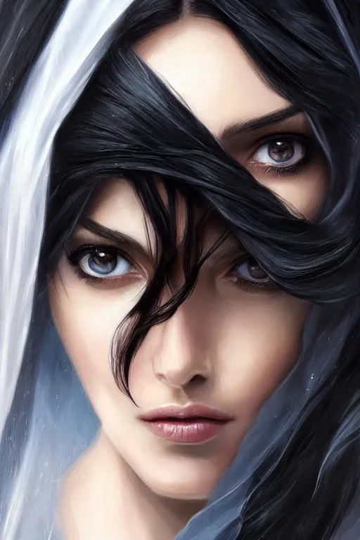 Image similar to Ameera al-Taweel, blue eyes, long wavy black hair, fierce look, white veil, closeup, focus face, elegant, highly detailed, centered, digital painting, artstation, concept art, art by artgerm