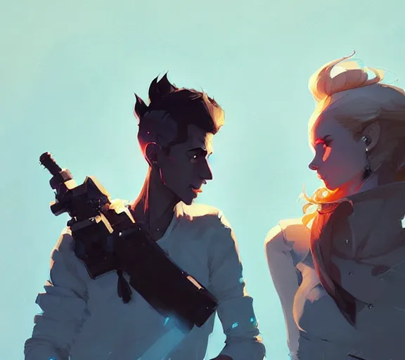 Image similar to portrait jayce and viktor by atey ghailan, by greg rutkowski, by greg tocchini, by james gilleard, by joe fenton, by kaethe butcher, dynamic lighting, gradient light blue, brown, blonde cream and white color scheme, grunge aesthetic