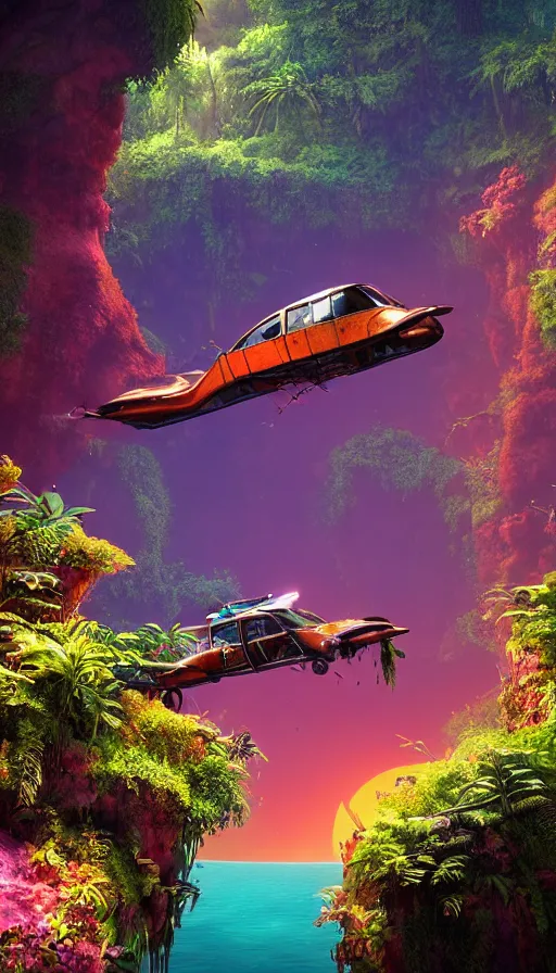 Image similar to a sci fi rusty flying car floating in a prehistoric jungle cave, lush flora, waterfall, magenta flowers, orange sky, teal clouds, sunset, hazy, volumetric lighting, rtx on, photorealistic render, unreal engine 5