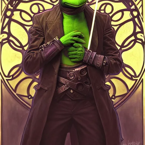 Prompt: full portrait of kermit the frog in the matrix, fantasy, d & d, intricate, detailed, by by alphonse mucha, adolfo hohenstein, alice russell glenny, stanley artgerm lau, greg rutkowski, detailed, trending on artstation, trending on artstation, smooth