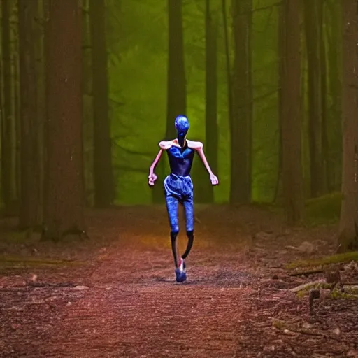 Prompt: Uncanny photograph of a tall, slim humanoid criptid running towards the camera in a forest at night