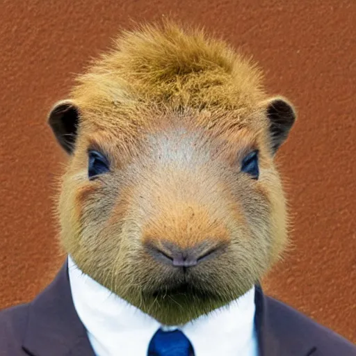 Image similar to capybara head, a man wearing a suit capybara head (smoking cigar)