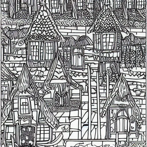 Image similar to an adult coloring book page of a fantasy village