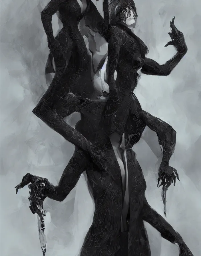 Image similar to an elegant demon waifu dressed in a smart black suit is offering you a contract to sign, digital art by łukasz piskorz and patrick mcenvoy and michael komarck, intricate, highly detailed, artstation, concept art, smooth, sharp focus