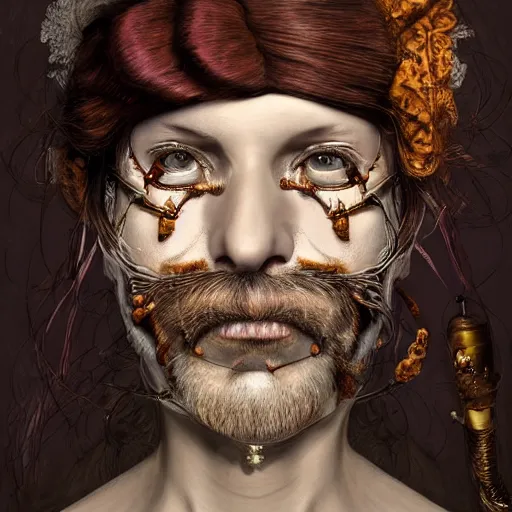 Image similar to portrait of a Shibari rope wrapped face and neck, headshot, insanely nice professional hair style, dramatic hair color, digital painting, of a old 17th century, old cyborg merchant, mouth wired shut, amber jewels, baroque, ornate clothing, scifi, realistic, hyper detailed, chiaroscuro, concept art, art by Franz Hals and Jon Foster and Ayami Kojima and Amano and Karol Bak,