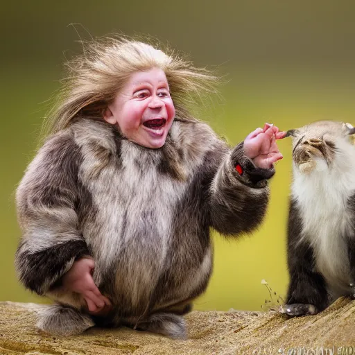 Image similar to photorealistic photograph of female dwarf telling a joke by Suzi Eszterhas, photorealism, photorealistic, realism, real, highly detailed, ultra detailed, detailed, f/2.8L Canon EF IS lens, Canon EOS-1D Mark II, Wildlife Photographer of the Year, Pulitzer Prize for Photography, 8k