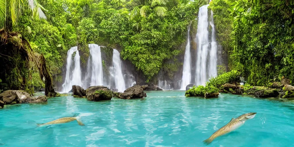 Image similar to of a tropical island with a majestic waterfall flowing into a clear pool of water, raining, fish swimming