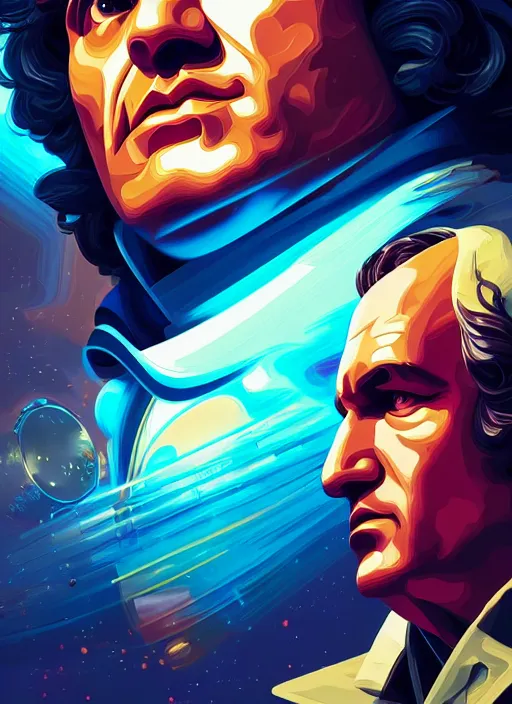 Prompt: retrofuturistic portrait of beethoven, space graphics art in background, close up, wlop, dan mumford, artgerm, liam brazier, peter mohrbacher, 8 k, raw, featured in artstation, octane render, cinematic, elegant, intricate, 8 k