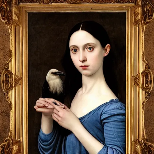 Prompt: full body portrait of a dark haired girl, long hair, pale beautiful gentle face, blue eyes, intricate goth dress, among ravens, highly detailed, deep focus, elegant, digital painting, smooth, sharp focus, golden ratio, illustration, ultra realistic, 8 k, art by artemisia lomi gentileschi and caravaggio