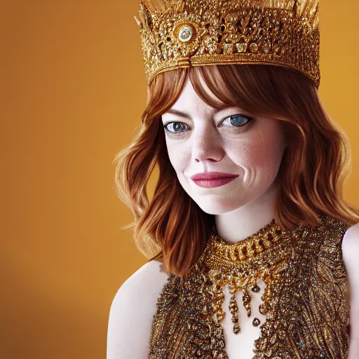 Image similar to A portrait of Emma Stone wearing a golden Arabian crown , royality, high quality, fully detailed, 4k