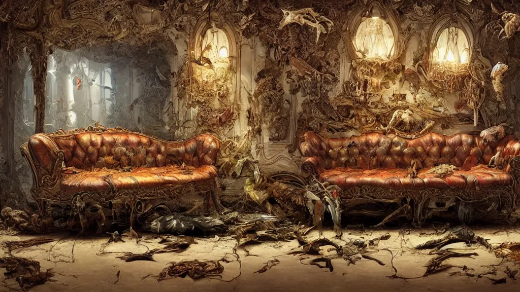 Image similar to a beautiful victorian couch made out of decomposing animals, intricate, detailed, volumetric lighting, sharp focus, photorealism, digital painting, highly detailed, concept art, by roger dean and simon stalenhag and mark brooks