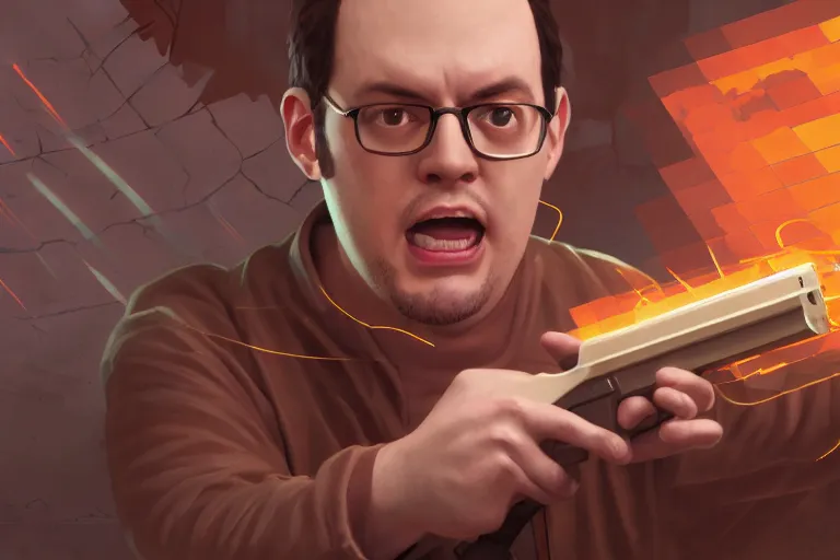 Image similar to portrait of james rolfe the angry video game nerd shooting demons with nes zapper, rule of thirds, league of legends splash art, path traced, enigmatic lighting, beige gradient, shinji aramaki, karol bak, alphonse mucha, colin searle, artstation, ray tracing, octane unreal engine 5, digital painting