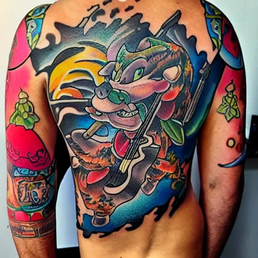 Prompt: tattoo art of Bowser riding a surfboard playing a double neck guitar