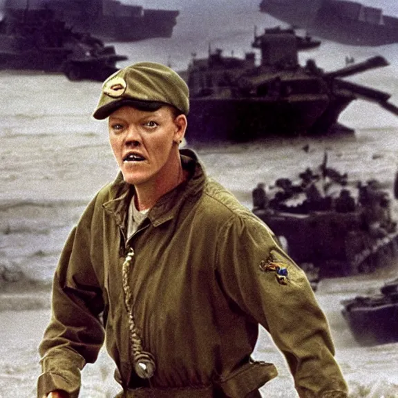 Image similar to photo realistic image of Matthew Lillard as shaggy from scooby doo, storming the beaches of Normandy in 1944, HD, high detail, photorealistic, Hollywood cinematic, Christopher Nolan