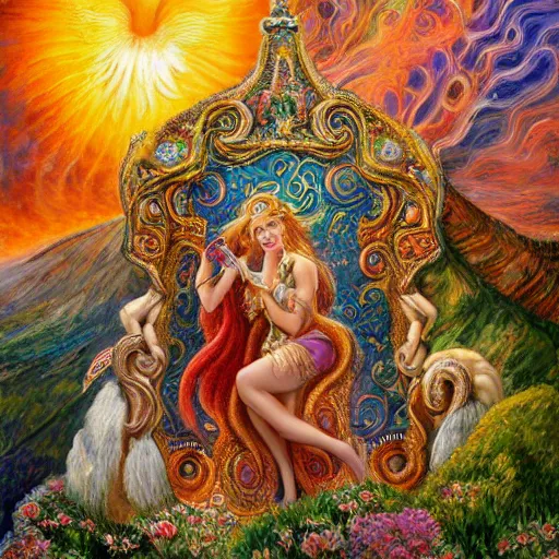 Image similar to a painting by josephine wall depicting aires as a goddess large ram horns, checking her cell phone, erupting volcano and sunrise in distance in background, flowers in foreground, acrylic on canvas, intricately detailed, highly detailed, high resolution, hd, 8 k, wallpaper, trending on artstation, zodiac, fantasy