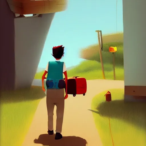 Prompt: goro fujita ilustration hiker taking suitcases out of his house, painting by goro fujita, sharp focus, highly detailed, artstation