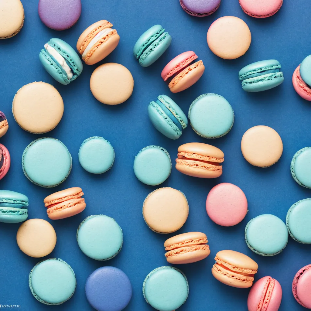 Image similar to top-down view of macarons on top of a blue surface, 8k, high detail, photorealistic, proper shading