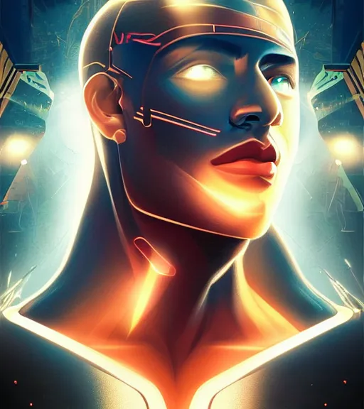 Image similar to symmetry!! egyptian prince of technology, solid cube of light, hard edges, product render retro - futuristic poster scifi, lasers and neon circuits, brown skin man egyptian prince, intricate, elegant, highly detailed, digital painting, artstation, concept art, smooth, sharp focus, illustration, dreamlike, art by artgerm