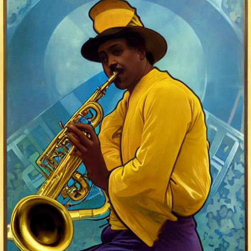 Image similar to man sitting in a yellow costume with a yellow hat holding a saxophone, smoking a cigarette, blue skin, blue smoke, dark background, realistic painting, artwork, meditative, alphonse mucha