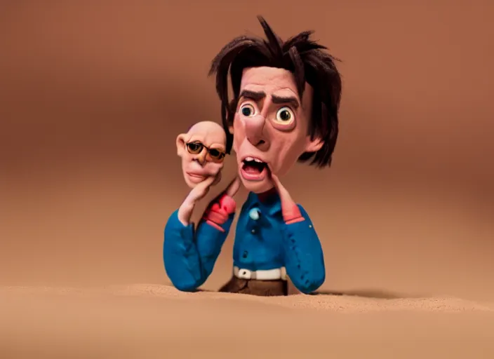 Image similar to cinematic screenshot portrait of a stop motion claymation film about a goofy wacky adventure starring ace ventura, shallow depth of field, 1 8 mm, f 1. 8