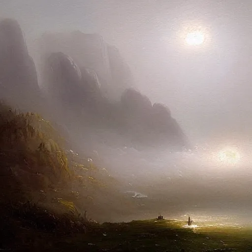 Image similar to an impossibly large tower rising from a sea of mist,evocative,romanticism landscape painting