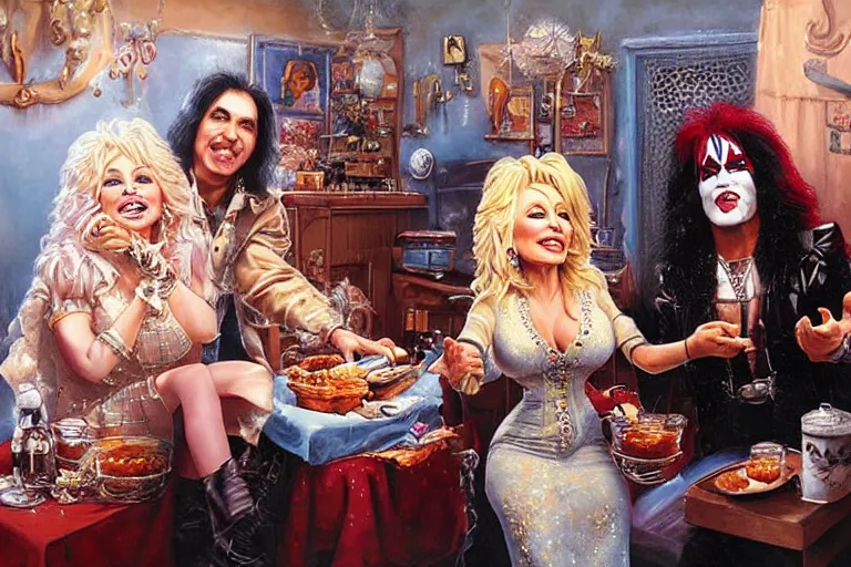 Image similar to dolly parton sharing baked beans with paul stanley in kiss makeup, an oil painting by ross tran and thomas kincade