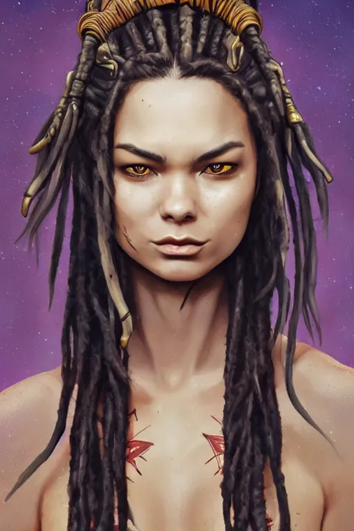 Image similar to fantasy comic book style portrait of a gorgeous teen model with dreadlocks who looks like miranda cosgrove and has a samurai tattoo, hyper realistic, illustration, trending on artstation, HD, 4k, 8k, intricate detailed anatomy, character design, by james gurney and tom bagshaw