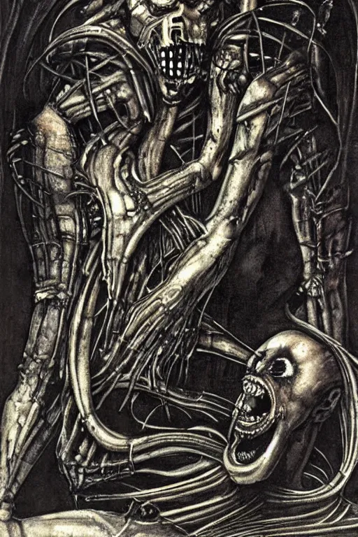 Image similar to saturn devouring his son in the syle of giger, giger, extremely detailed