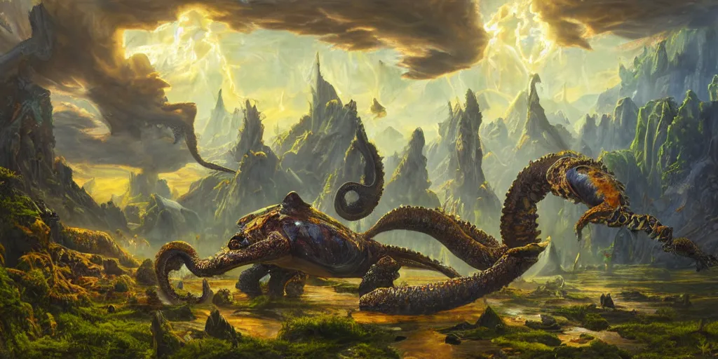 Image similar to fantasy oil painting, great leviathan, cybernetic turtle cephalopod terrapin reptilian pachyderm squid, bella hadid, hybrid, milla jovovich, anubis, epic natural light, lush plants flowers, spectacular mountains, bright clouds, luminous sky, outer worlds, golden hour, michael cheval, edward hopper, michael whelan, vray, hd