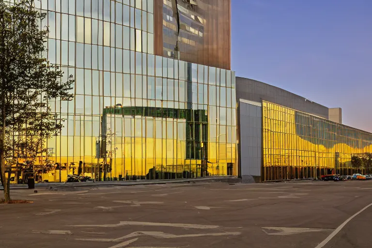 Image similar to a beautiful office building exterior with sleek modern design by Gensler and large windows, golden hour, professional photogrtaphy