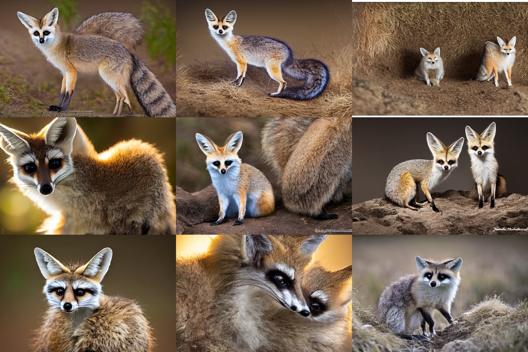 Prompt: A cross between a coatimundi and a fennec fox, nature photography, dramatic lighting.