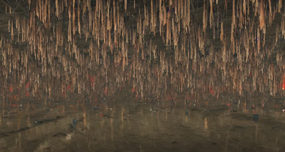 Prompt: illustration of rows of limp bodies hanging on display in a cold warehouse, refrigerated storage facility, rolling fog, cyberpunk, dystopian, dramatic lighting, unreal engine 5, colorful