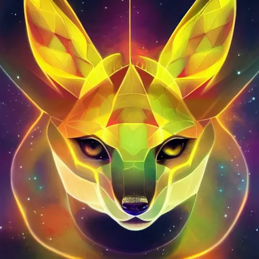 Image similar to geometric symmetrical jolteon with galaxy eyes in space, nebula in the background, intricate, elegant, highly detailed, digital painting, artstation, concept art, smooth, sharp focus, illustration, art by artgerm