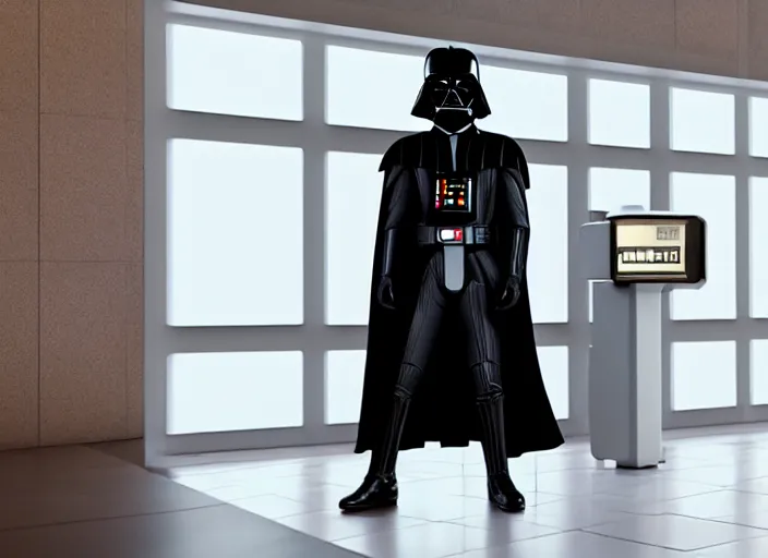 Image similar to film still of Darth Vader waiting in line at the bank in the new Star Wars movie, 4k